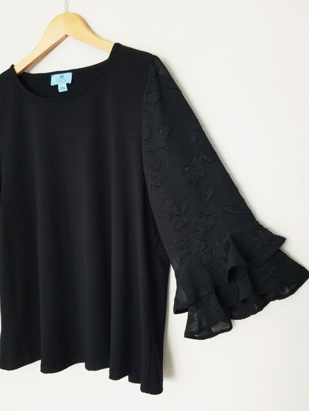 CeCe Black Floral Jacquard Chiffon Tiered Ruffle Sleeve Mix Media Blouse Top L - Picture 14 of 15
